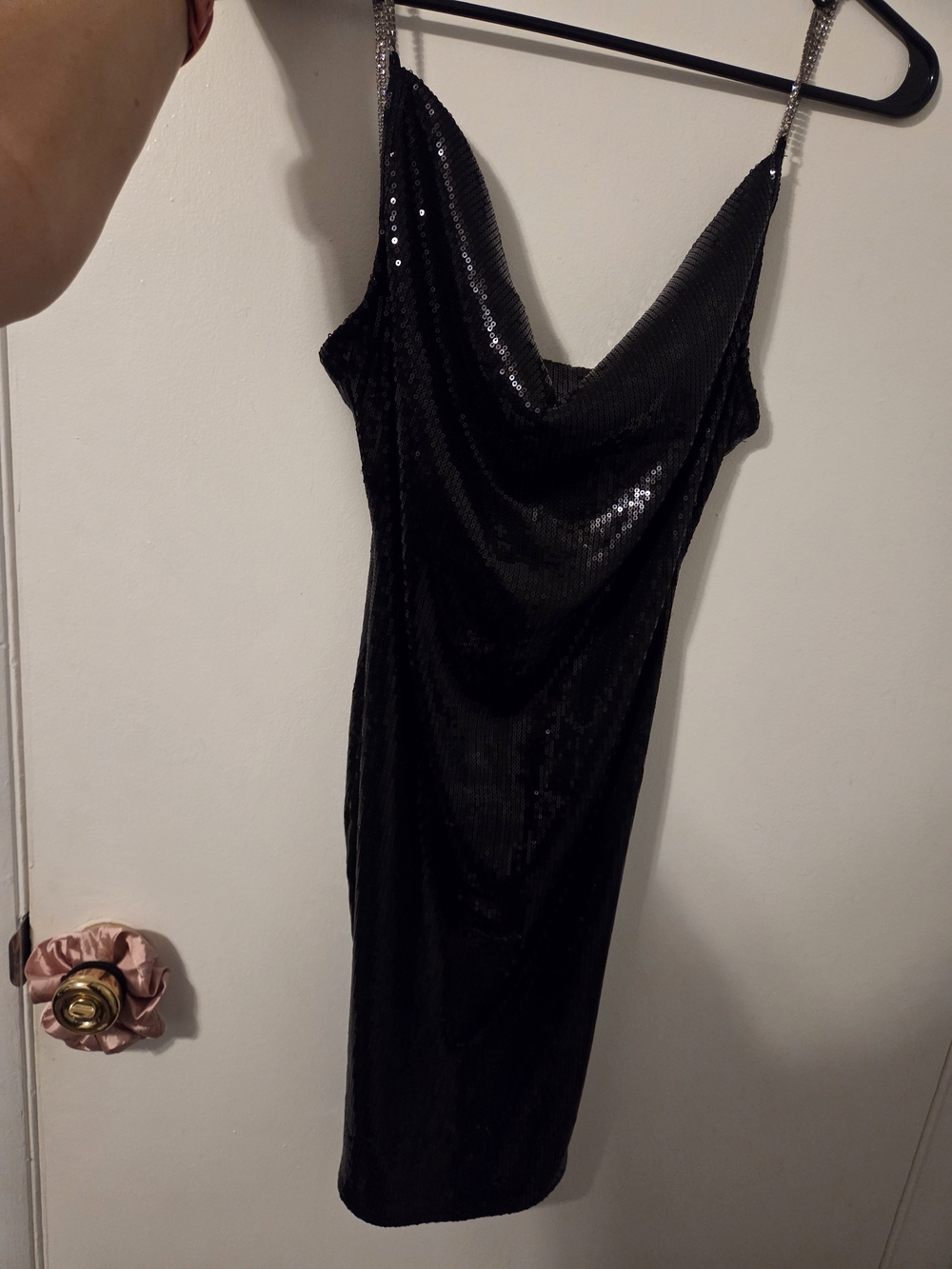 Bear Dance Black Sequin Cowl Midi Dress with Sparkle Straps